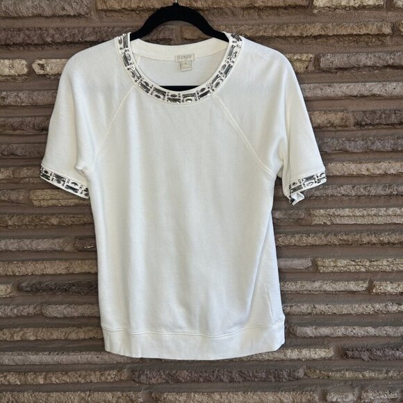 J. Crew White Knit Beaded Jeweled Neckline Short Sleeve Sweater Size Small - Picture 8 of 8